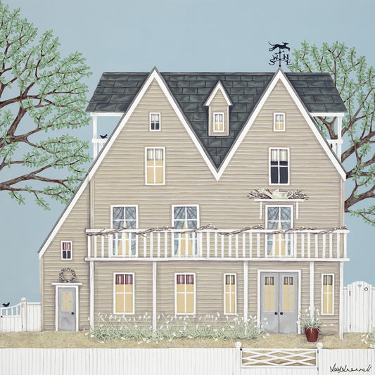 A giclee print featuring a stone coloured double gabled clapboard house, with a weather vane in New England stlye. Bordered by white picket fences and trees.